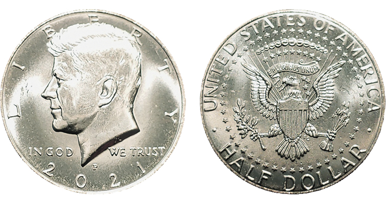 2021 Kennedy half dollar obverse and reverse showing P mint mark and eagle design