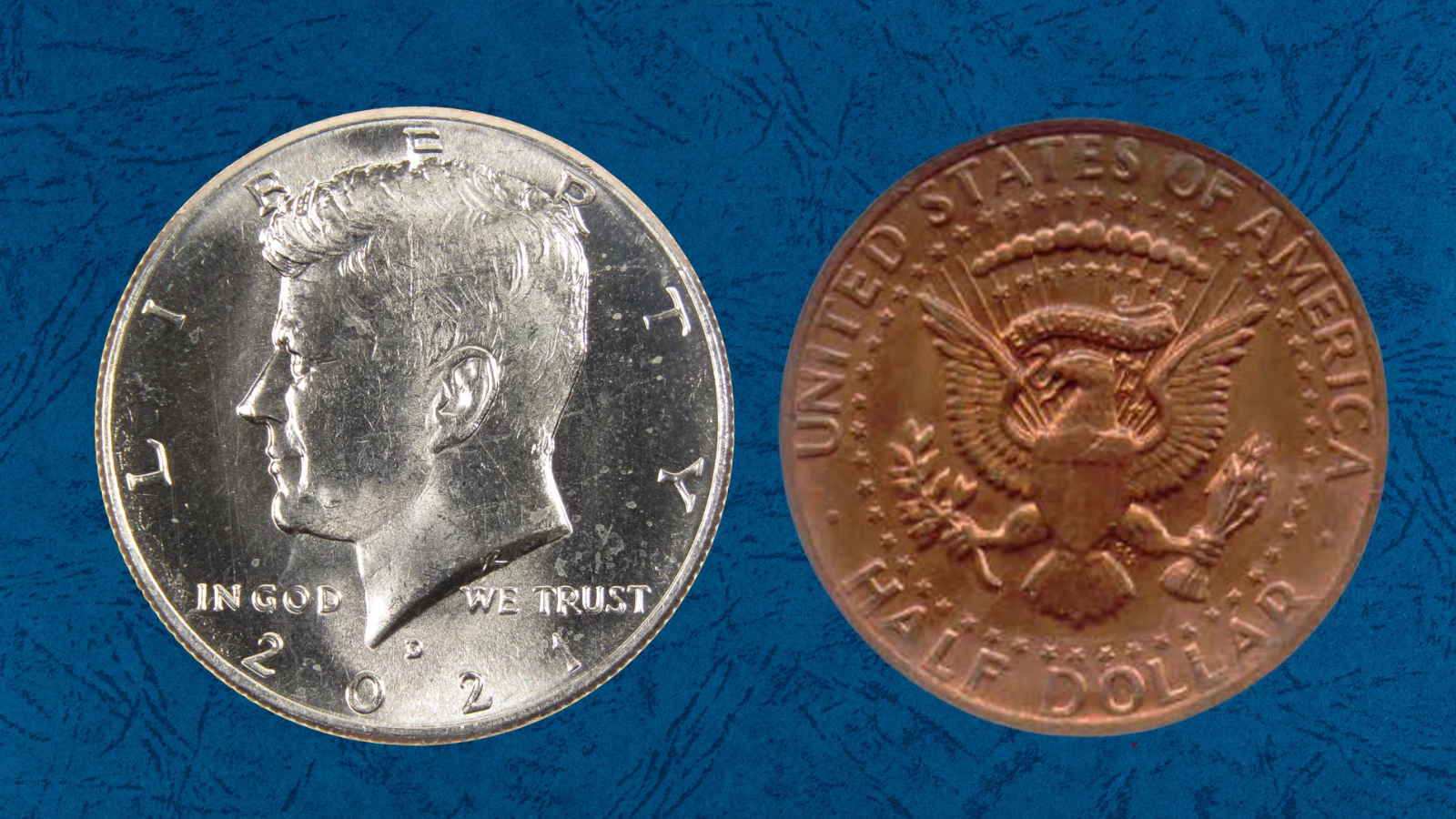Side-by-side comparison: normal 2021 Kennedy half dollar clad surface vs missing clad layer error showing copper core