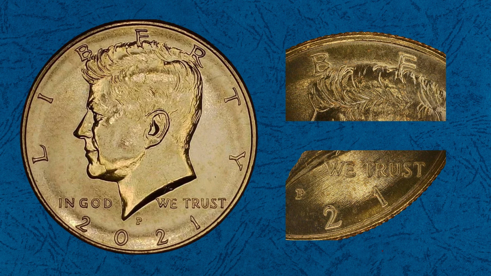 2021 Kennedy half dollar doubled die obverse error showing doubling on LIBERTY and date under magnification
