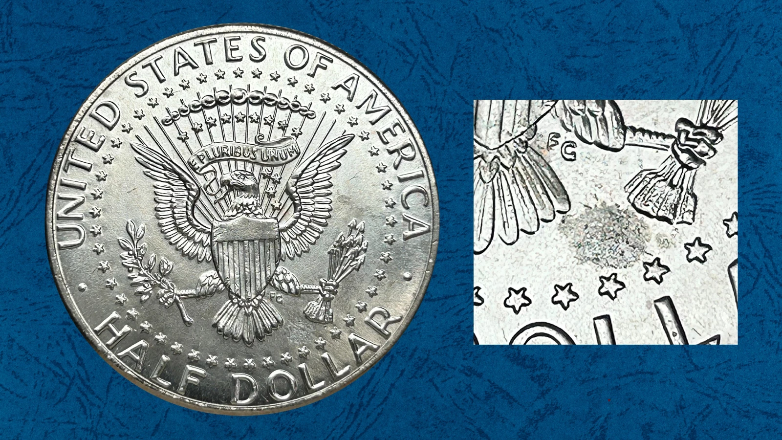 2021 Kennedy half dollar struck-through error showing weak design area from foreign debris during minting